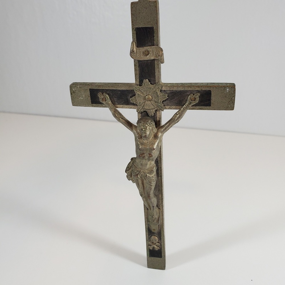 Pectoral Crucifix Cross 7.5" x 3.75" Inlaid Ebony Wood Metal Silvertone Vintage